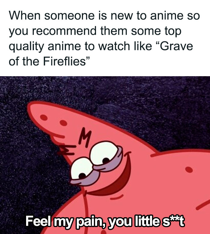 Patrick Star with a smirking face, referencing Studio Ghibli's "Grave of the Fireflies" in a humorous anime meme.