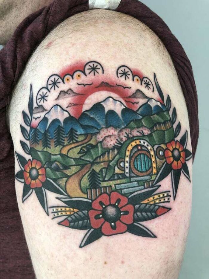 The Shire and flowers tattoo 