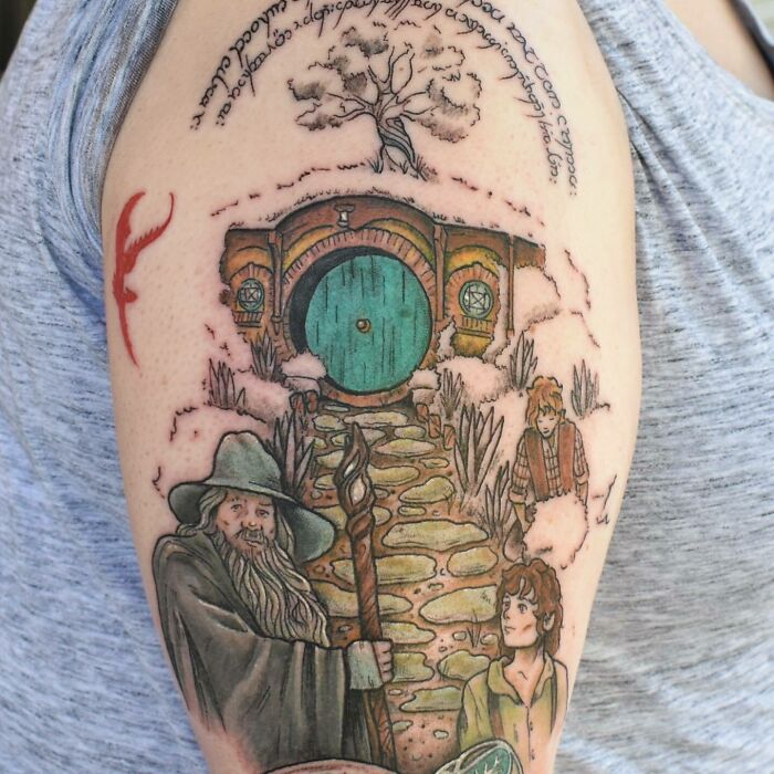 Hobbit house, Gandalf, Frodo and Sam tattoo