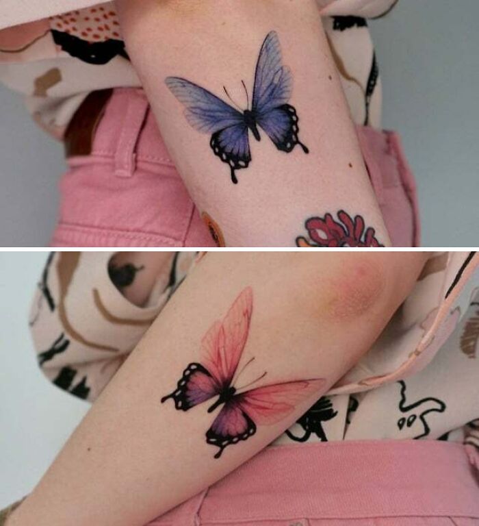blue and pink butterflies arm tattoos