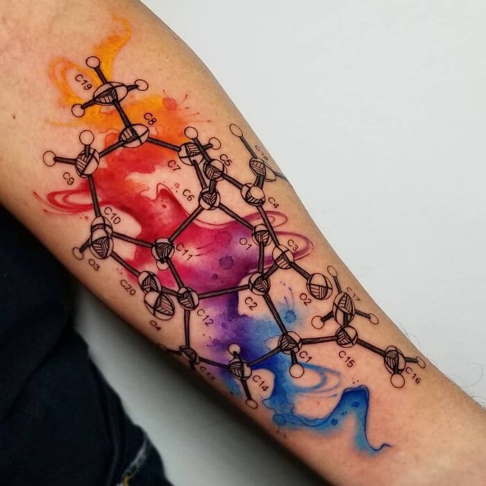 Watercolor molecule arm tattoo