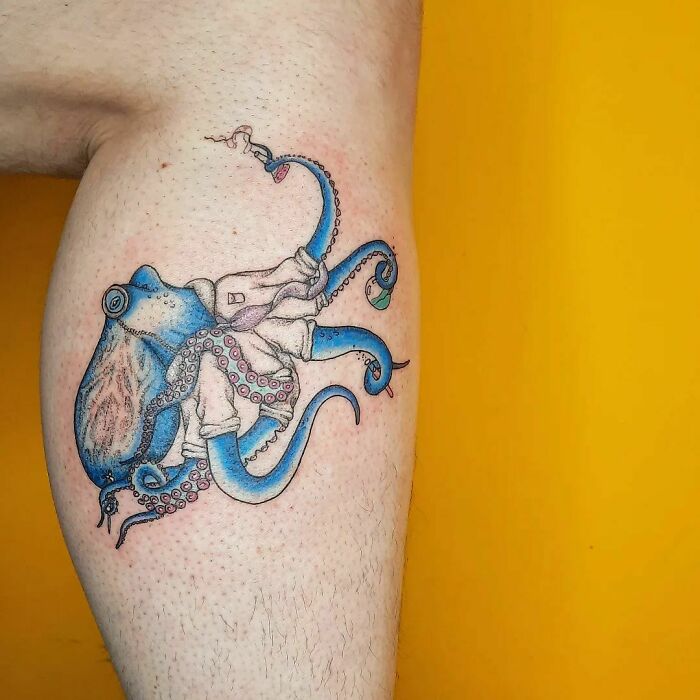Scientist blue octopus tattoo