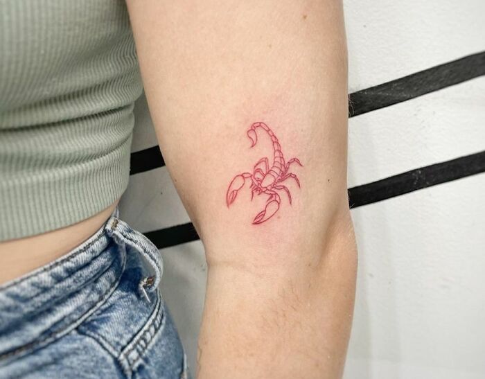 Fine line Scorpio in red ink arm tattoo