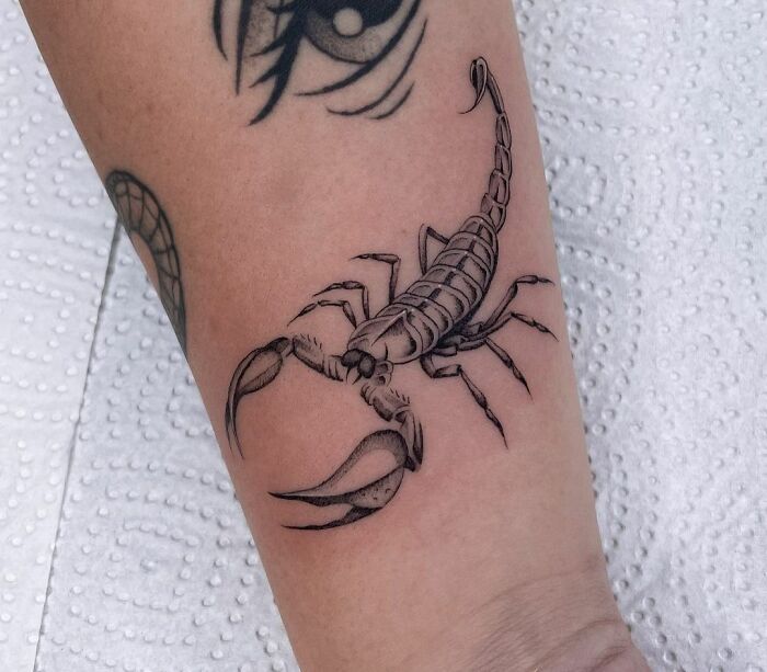 Scorpio zodiac tattoo on forearm, showcasing detailed scorpion design.