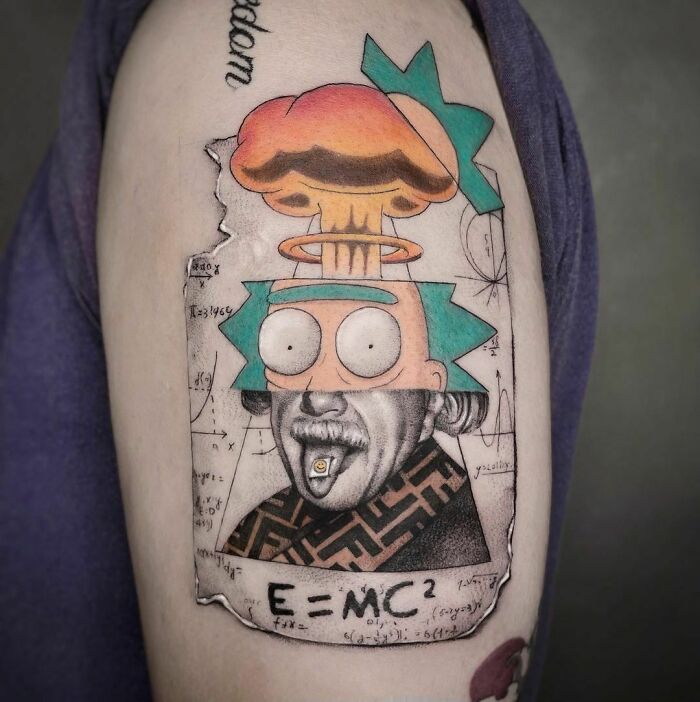 Einstein, Rick And Morty tattoo on arm