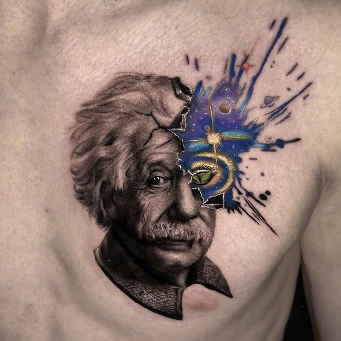 Einstein portrait tattoo on chest