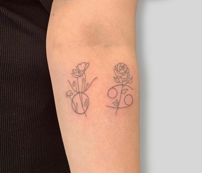Birth Flowers with taurus and cancer zodiac signs arm tattoo