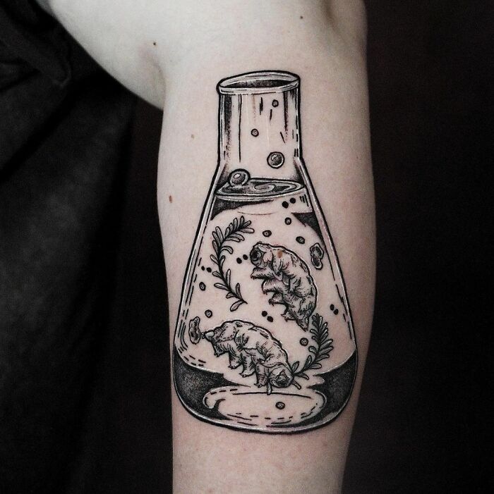 Two tardigrades in Erlenmeyer flask tattoo 