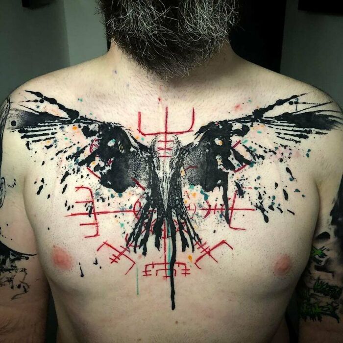 Abstract Raven And Vegvisir chest Tattoo