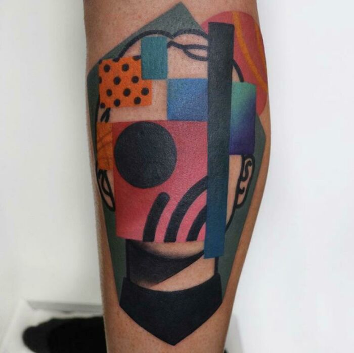 Abstract and colorful Calf Tattoo