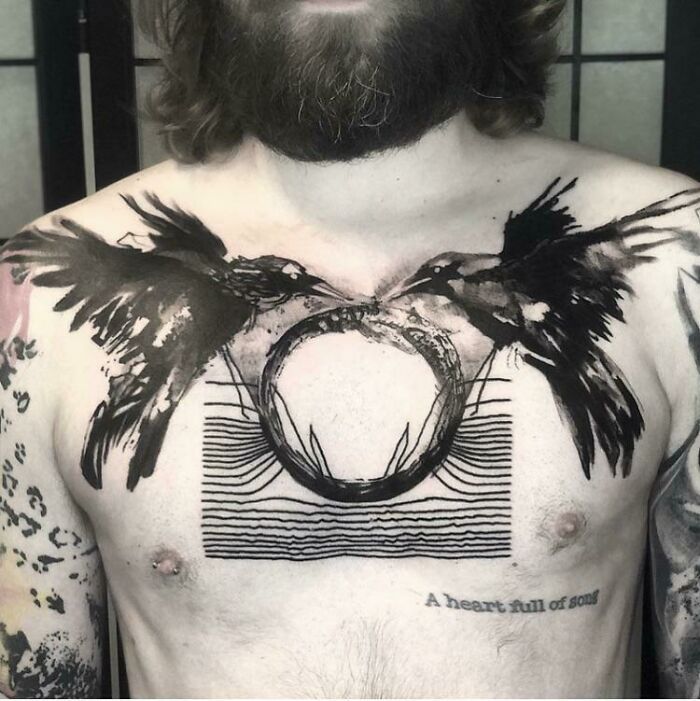 Abstract Ravens And Ouroboros chest Tattoo