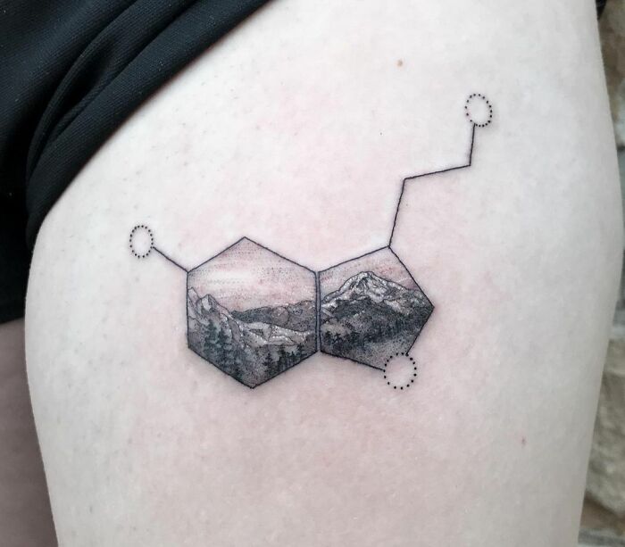 Serotonin Molecule with Pacific Northwest Mountain tattoo 