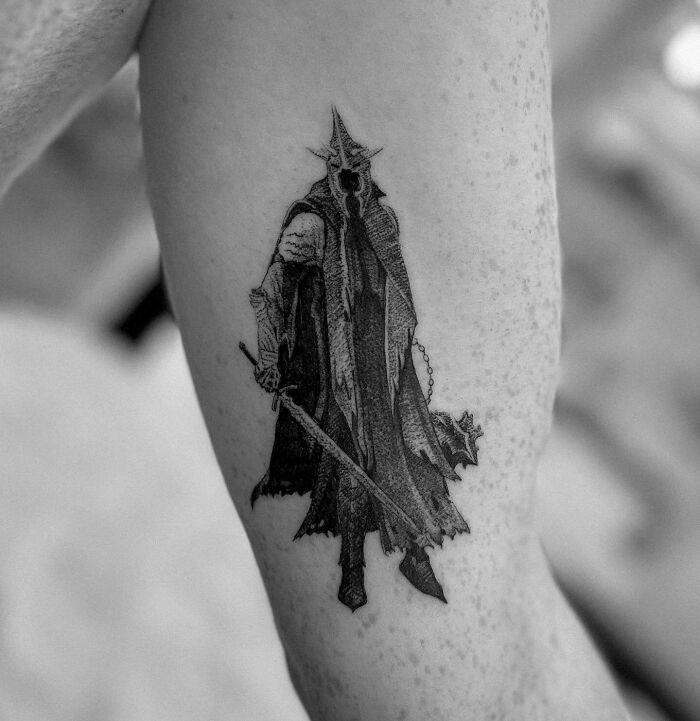 Lord of the Rings tattoo depicting the Witch-king on an arm.