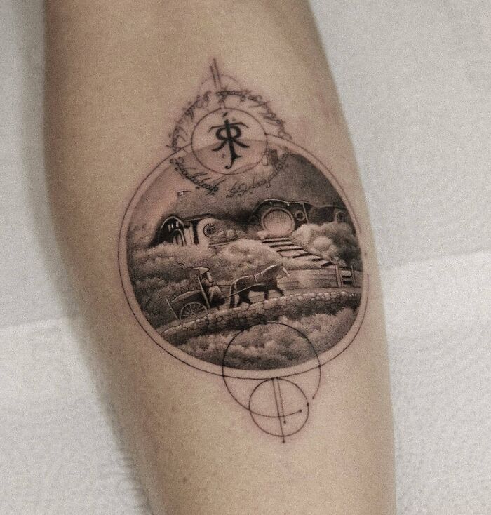 Hobbit hole and Gandalf on the on the horse carriage tattoo