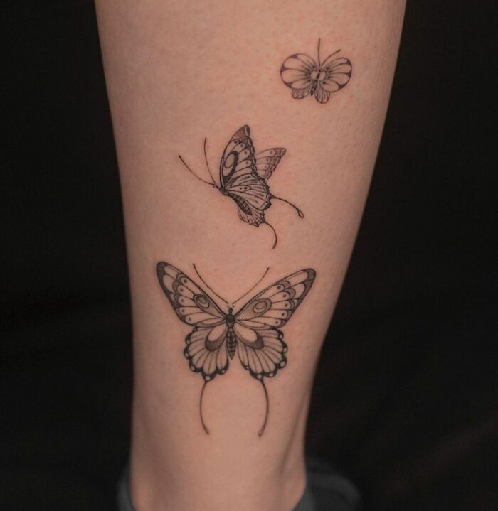 Family Of Butterflies on leg Tattoos