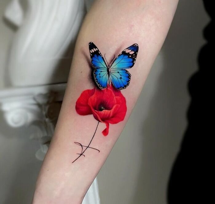 3D Butterfly With Flower arm Tattoo