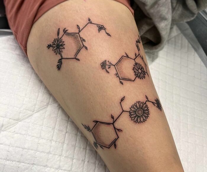 Dopamine, Serotonin, Adrenaline Molecules with flowers tattoo 