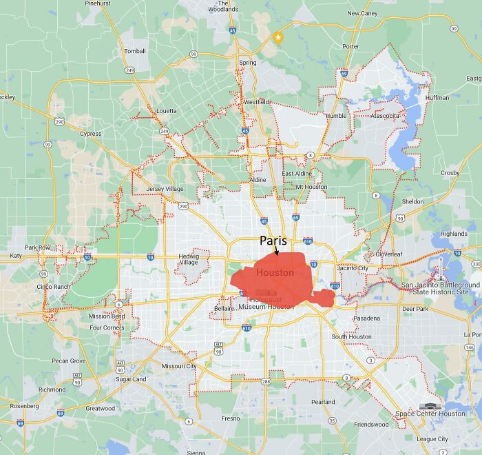 Los límites de la ciudad de París en Francia (población:2,2 mill) superpuestos con la misma escala que los límites de la ciudad de Houston, EEUU (población:2,3 mill)