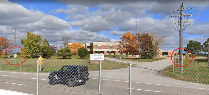 Public School In Ontario, Canada That Can't Legally Be Walked Or Biked To. (Those Signs Are "No Pedestrian" Signs)