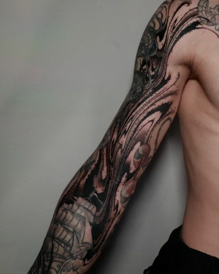 Freehand Abstract Blackwork Sleeve – Portfolio of A Montreal Tattoo Artist
