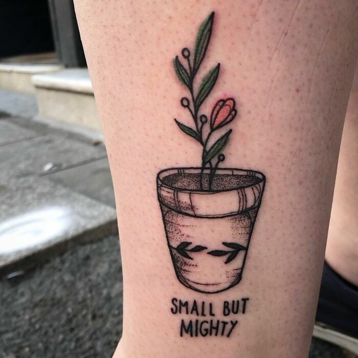 'Small But Mighty' Phrase with flower in the pot ankle tattoo