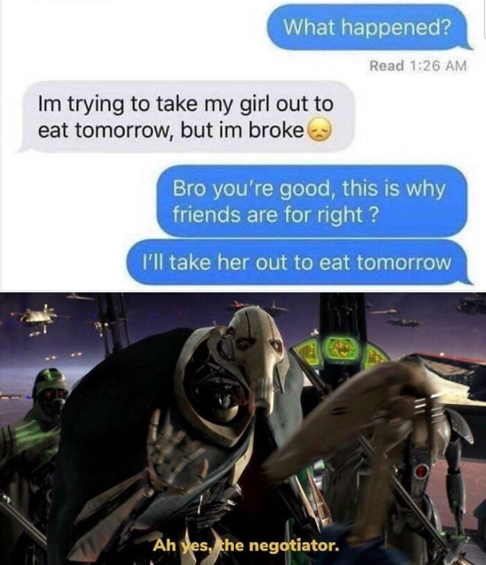 Friendship meme showcasing a humorous text exchange about taking a girl out to eat, illustrated with a 'negotiator' image.
