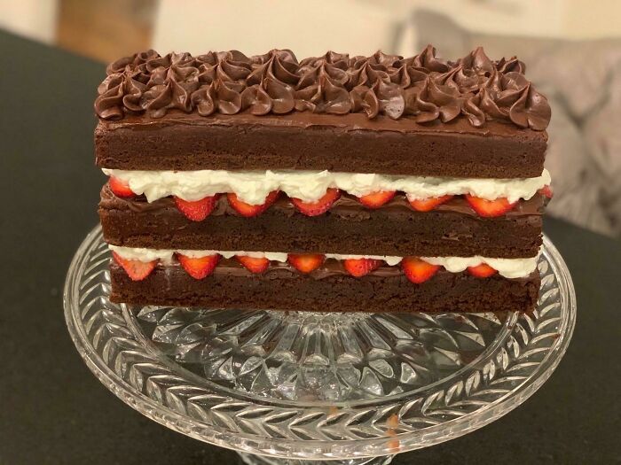 A Homemade Chocolate Layer Cake W/ Strawberries & Cream