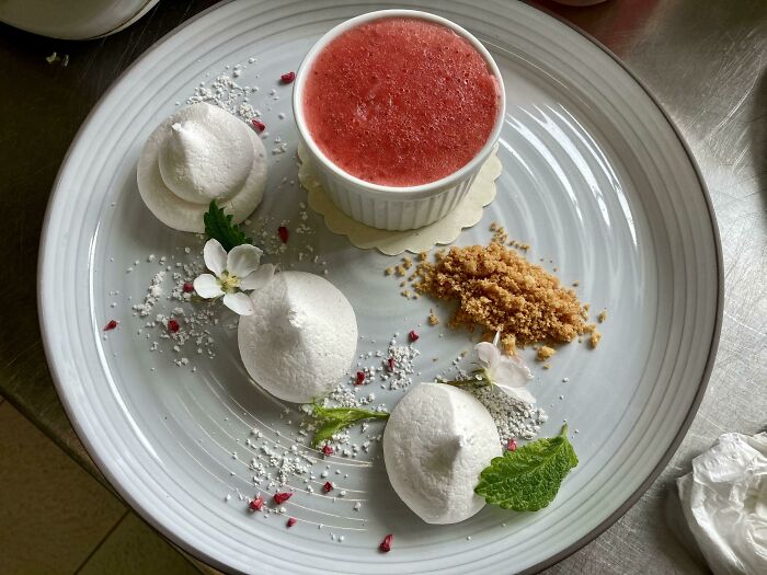Creamy Strawberry Panna Cotta With Mini Meringues And Cookie Crumble