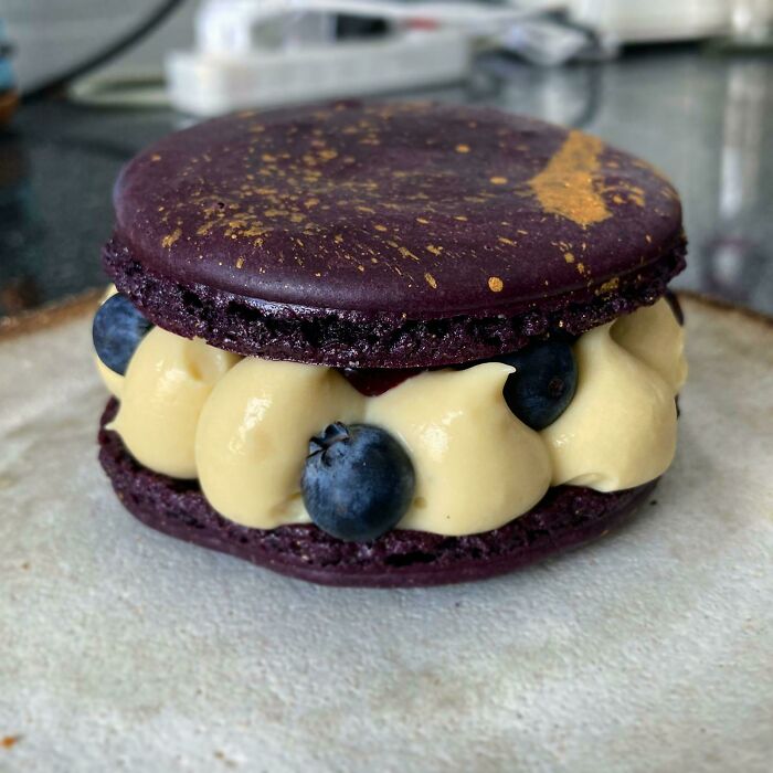 Blueberry Macron With Crème Patissiere And Blueberry Filling