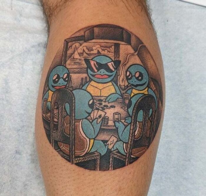 Blue Squirtles from pokemon Playing Poker leg Tattoo