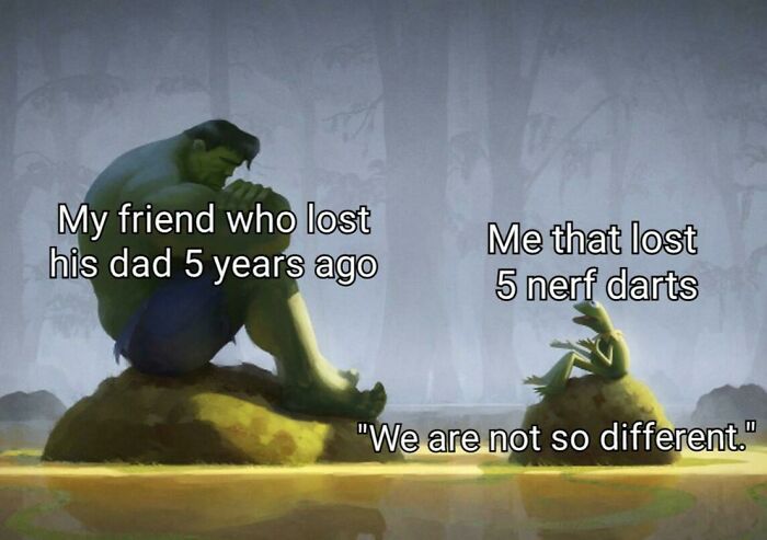 Green characters sitting on rocks, with humorous text about friendship losses.