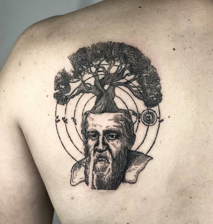 Black Galileo Galilei and tree tattoo