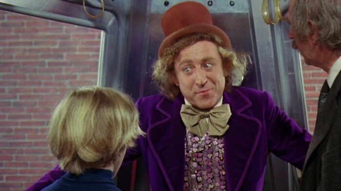 Willy Wonka, Charlied and grandpa Joe in the elevator 