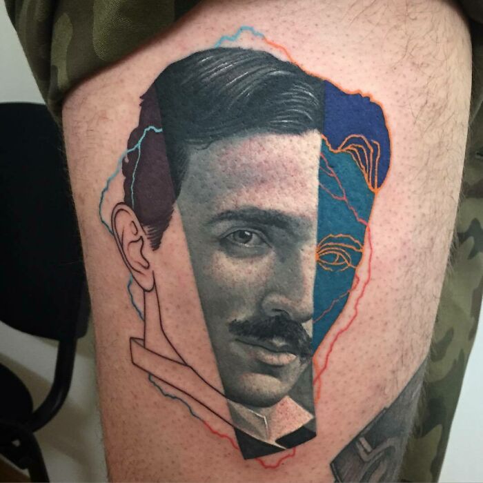 Nikola Tesla portrait tattoo on leg