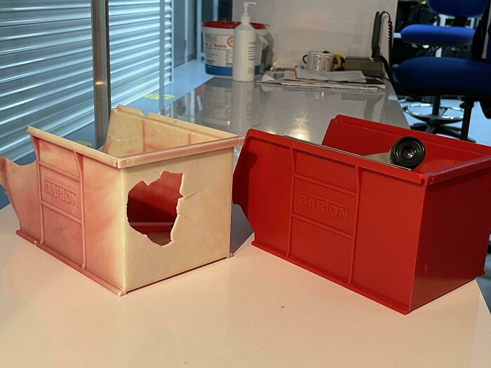 UV Damage On A Red Plastic Box That Sat In A Window For 15+ Years vs. The One (Same Age) Kept Away From The Sunlight