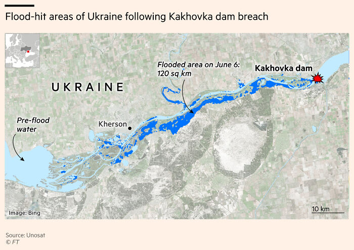 Map Showing Flooding Extent In Ukraine Since The Kakhova Dam Breach
