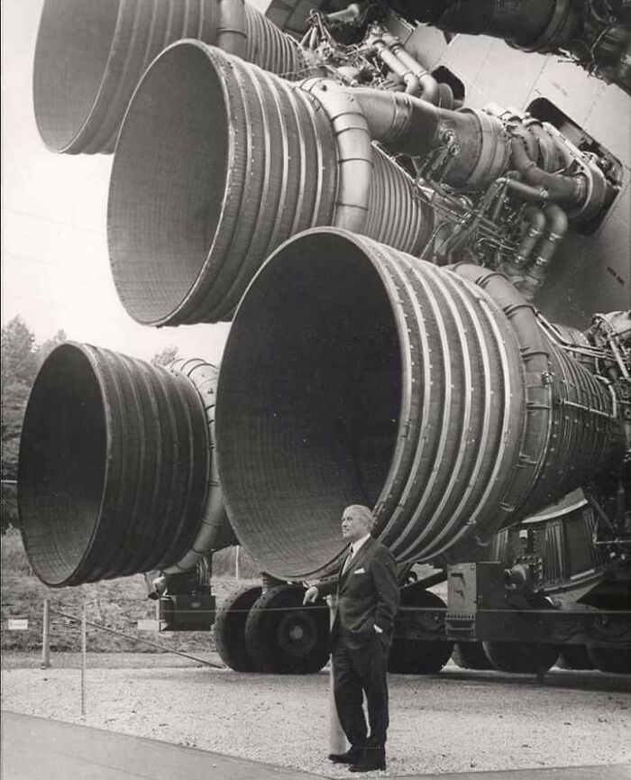 Wernher Von Braun Standing Next To The F-1 Engines Which Took Man To The Moon. (1969)