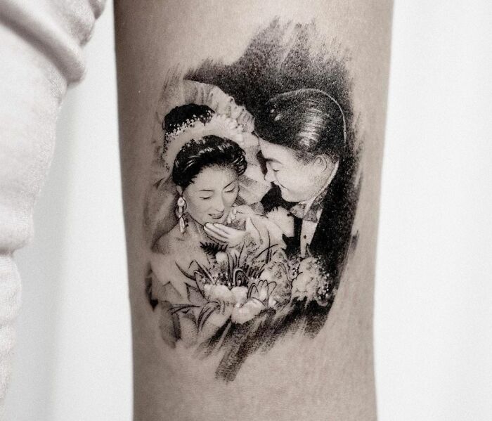 Wedding photo of parents arm tattoo