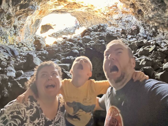 We Visited Craters Of The Moon And Took A Photo In The Cave. It Looks Like We Are Standing In Front Of A Green Screen…