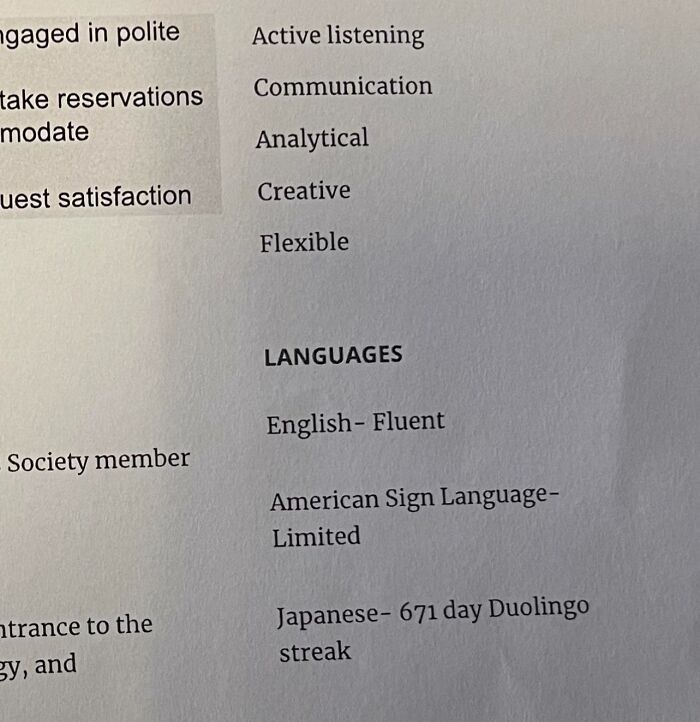 Someone Sent A Resume With Their Duolingo Streak Under "Languages"