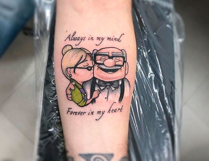 Grandparents memorial forearm tattoo referencing to animation movie 'Up' 