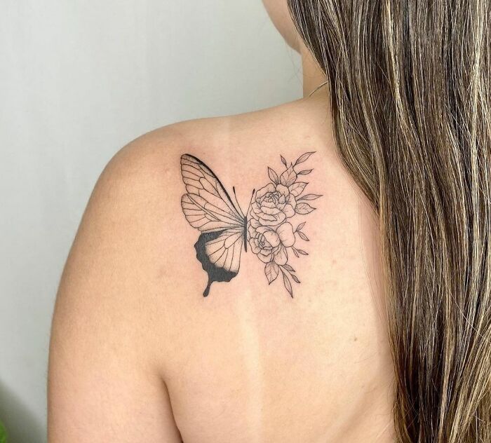 Floral butterfly shoulder tattoo