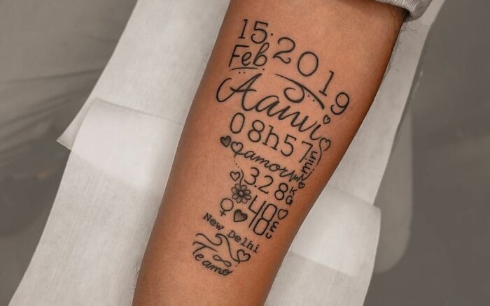 Footprint with script in it memorial forearm tattoo