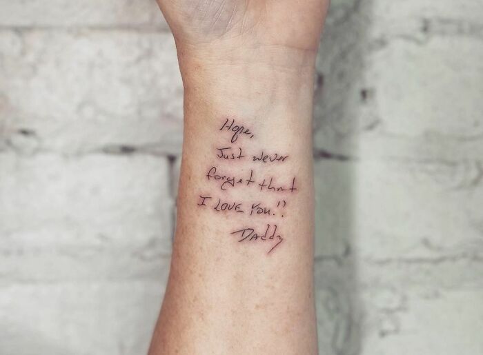Letter from dad handwriting script forearm memorial tattoo