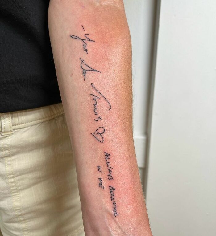 Handwriting script memorial forearm tattoo