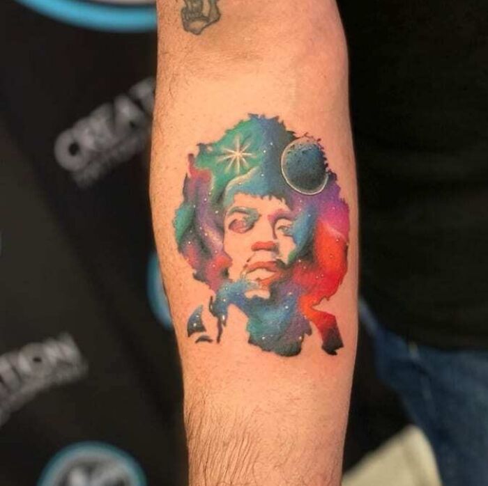 Watercolor Jimi Hendrix Galaxy Portrait tattoo