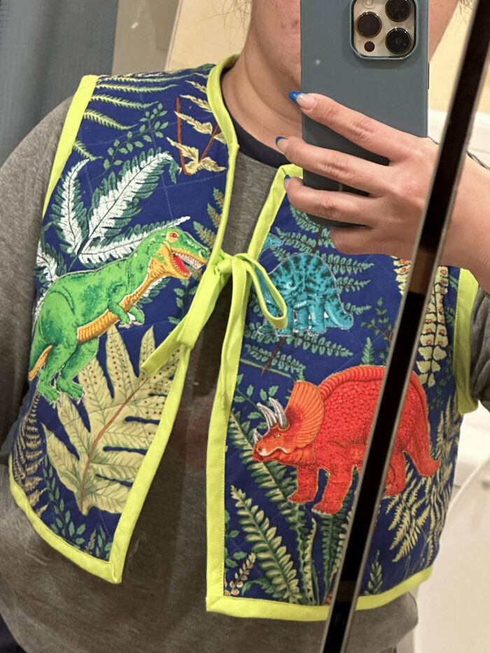 I Made A Quilted Dinosaur Vest For Myself, A 43 Year Old. 😅 Is It Cool!?