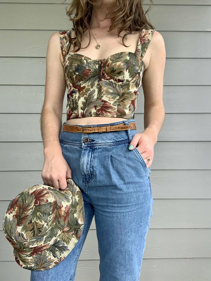Matching Bustier And Bucket Hat Set From Thrifted Fabric