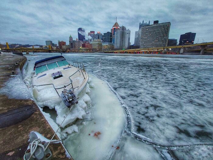 Partially Submerged Boat Trapped In The Ice, Pittsburgh Pennsylvania