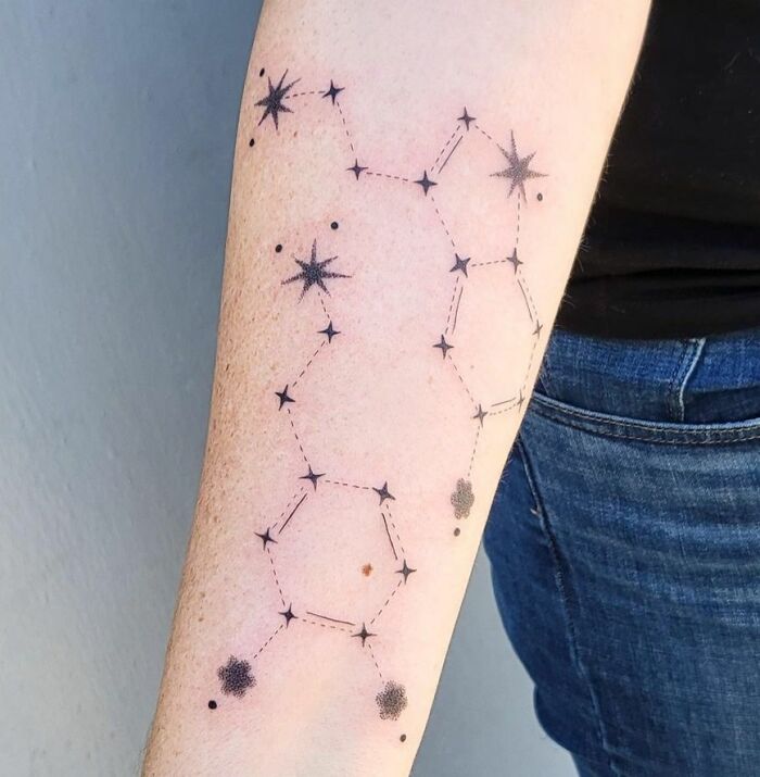 Black minimal dopamine and serotonin constellation tattoo